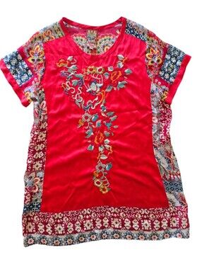 Johnny Was Red Vibrant Floral Embroidered Patchwork Silk Cupra Blouse Sz M